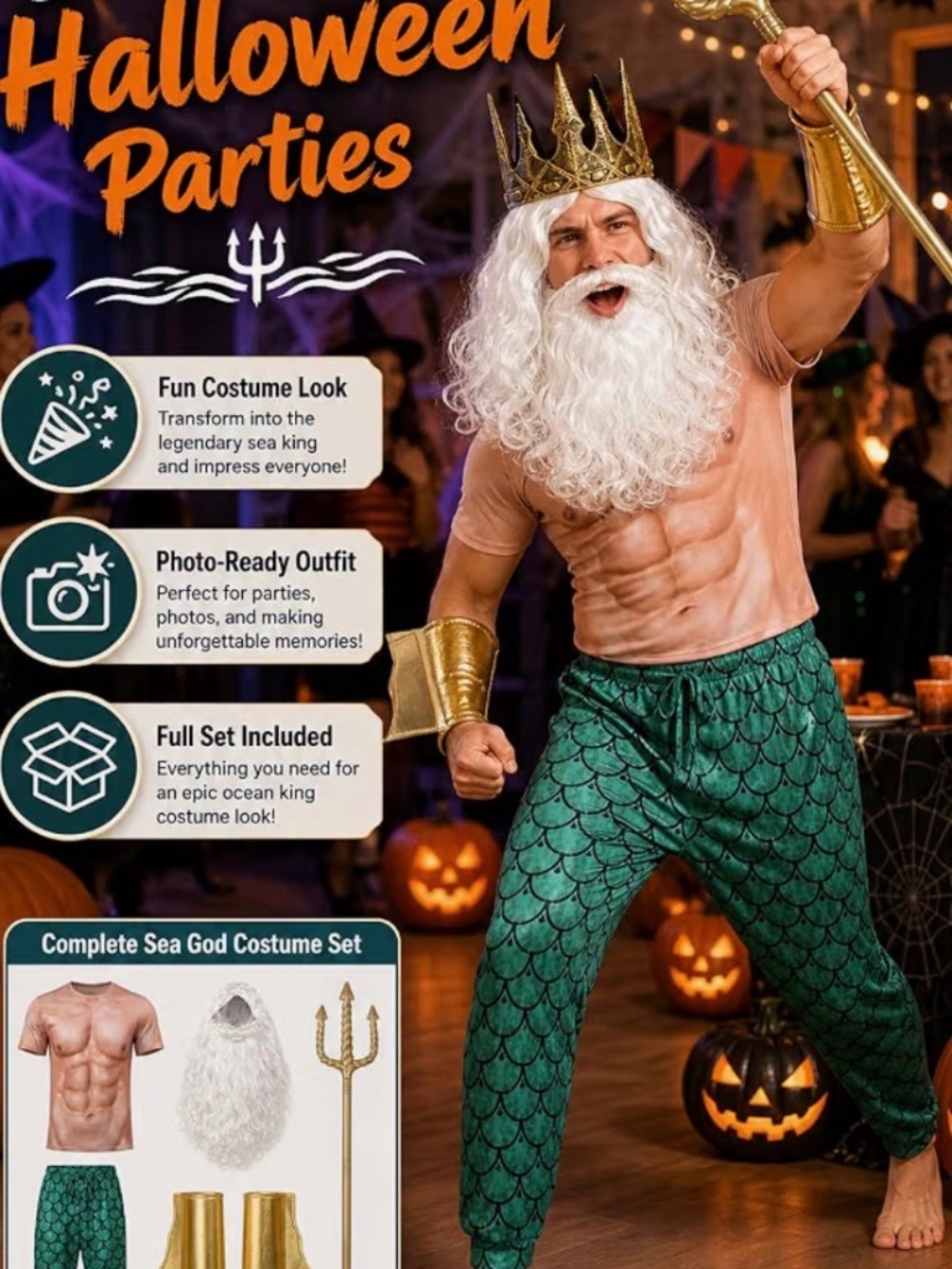 en Poseidon Costume Set, Adult Ocean King Outfit, Trident Crown